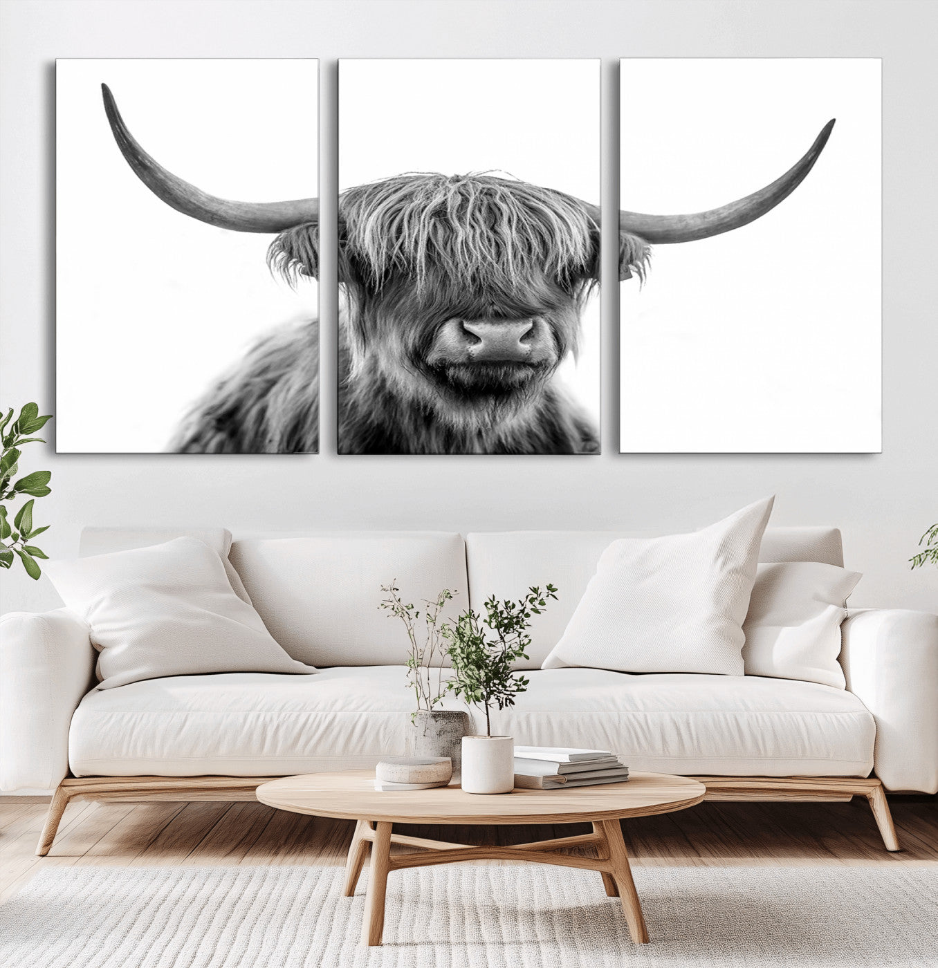 10123-MGV-CV-60X30-3P-Black and White Highland Cow Wall Art – Modern Farmhouse Animal Print, Rustic Scottish Bull Canvas Decor for Living Room, Bedroom,