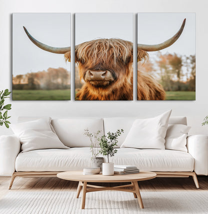 64824-MGV-CV-60X30-3P-Highland Cow Wall Art – Rustic Scottish Bull Canvas Print, Farmhouse Animal Decor for Living Room, Bedroom, Office or Cabin