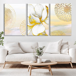 82301-MGV-CV-36X24-Modern Floral Wall Art – White Flower with Gold Detailing Canvas Print, Elegant Abstract Artwork for Living Room, Bedroom, or