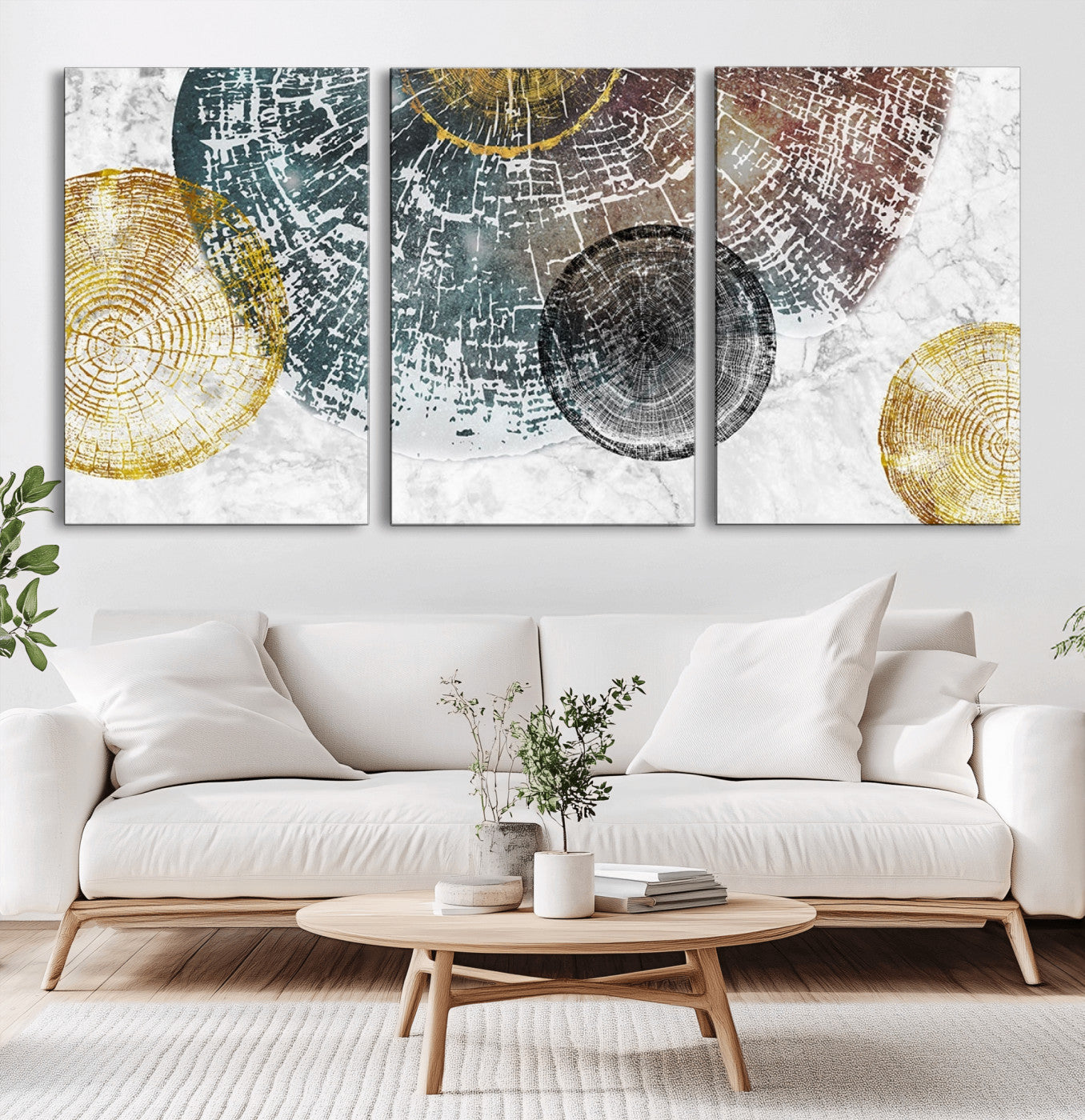 70653-MGV-CV-36X24-Abstract Tree Ring Wall Art – Modern Rustic Wood Slice Canvas Print with Gold Accents, Contemporary Nature Decor for Living Room,