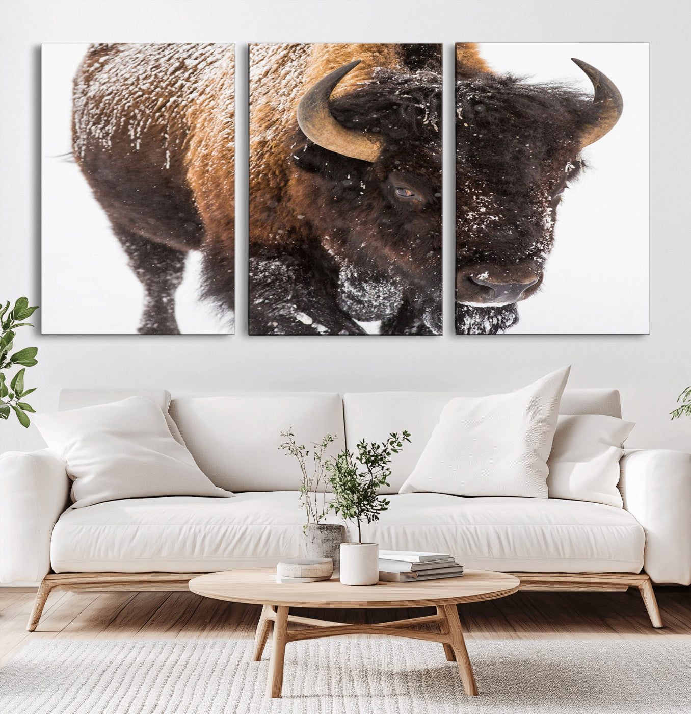 65605-MGV-CV-60X30-3P-Snow Bison Wall Art – Close Up Buffalo Canvas Print, Rustic Western Wildlife Photography, Farmhouse Cabin Lodge Decor for Living