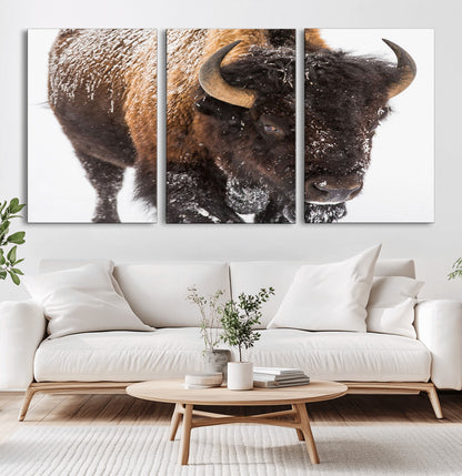 65605-MGV-CV-60X30-3P-Snow Bison Wall Art – Close Up Buffalo Canvas Print, Rustic Western Wildlife Photography, Farmhouse Cabin Lodge Decor for Living