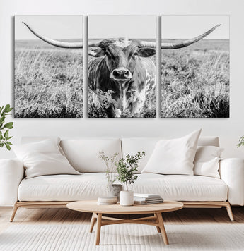 77320-MGV-CV-60X30-3P-Texas Longhorn Wall Art – Black and White Western Cattle Canvas Print, Rustic Farmhouse Animal Photography Decor for Living Room,