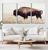 48406-MGV-CV-60X30-3P-American Bison Wall Art – Rustic Buffalo Canvas Print in Prairie Field, Western Wildlife Photography Decor for Cabin, Lodge,
