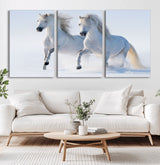 80145-MGV-CV-60X30-3P-White Horses Running Snow Wall Art – Majestic Equine Canvas Print, Winter Nature Photography Decor for Living Room, Office,