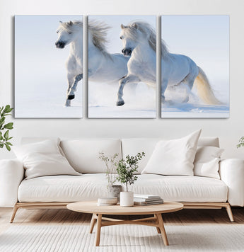 80145-MGV-CV-60X30-3P-White Horses Running Snow Wall Art – Majestic Equine Canvas Print, Winter Nature Photography Decor for Living Room, Office,