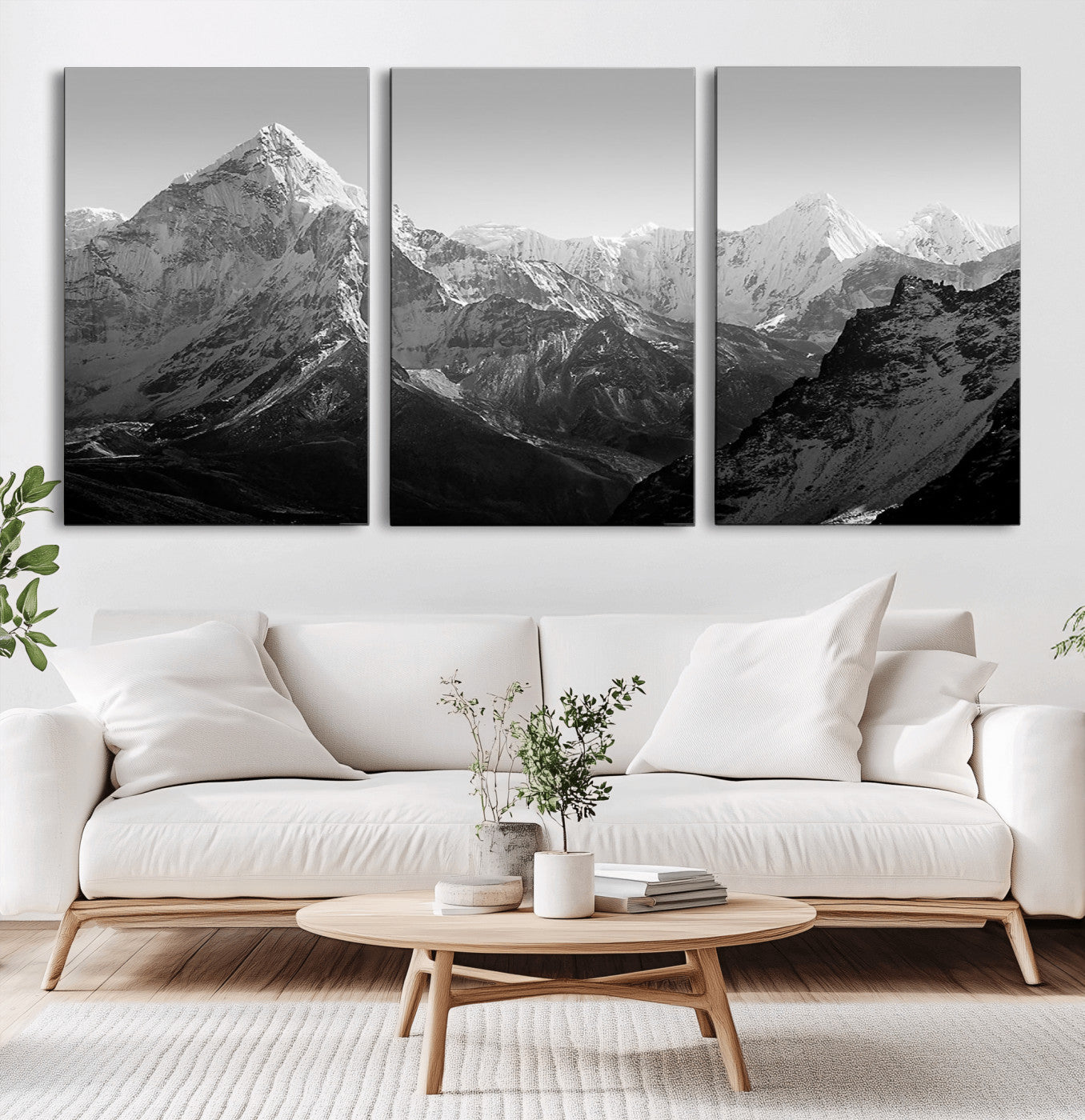 10775-MGV-CV-60X30-3P-Snow Capped Mountain Wall Art – Black and White Canvas Print of Majestic Peaks, Nature Landscape Photography for Office, Bedroom,