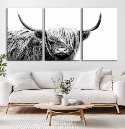 51957-MGV-CV-60X30-3P-Highland Cow Wall Art – Black and White Scottish Highland Bull Canvas Print, Rustic Farmhouse Animal Decor for Living Room,