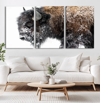 24304-MGV-CV-60X30-3P-Bison Wall Art Canvas Print, Framed Winter Bison Art Picture Print, Snowy Buffalo Perfect Rustic Farmhouse Decor Artwork