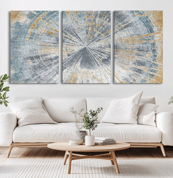 17631-MGV-CV-60X30-3P-Radiant Burst Wall Art – Abstract Sunburst Canvas Print in Blue and Gold, Modern Geometric Painting for Living Room, Office or