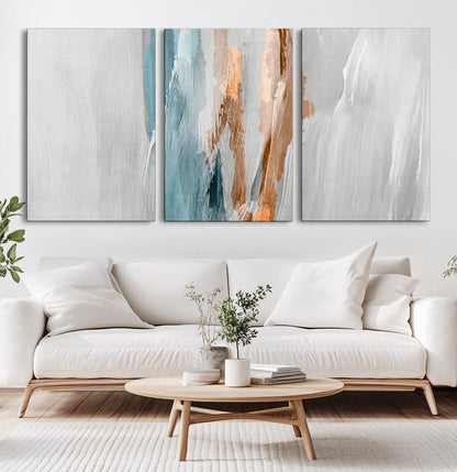 66154-MGV-CV-60X30-3P-Abstract Brushstroke Wall Art – Modern Teal and Gold Canvas Print, Minimalist Contemporary Painting for Living Room, Bedroom, or