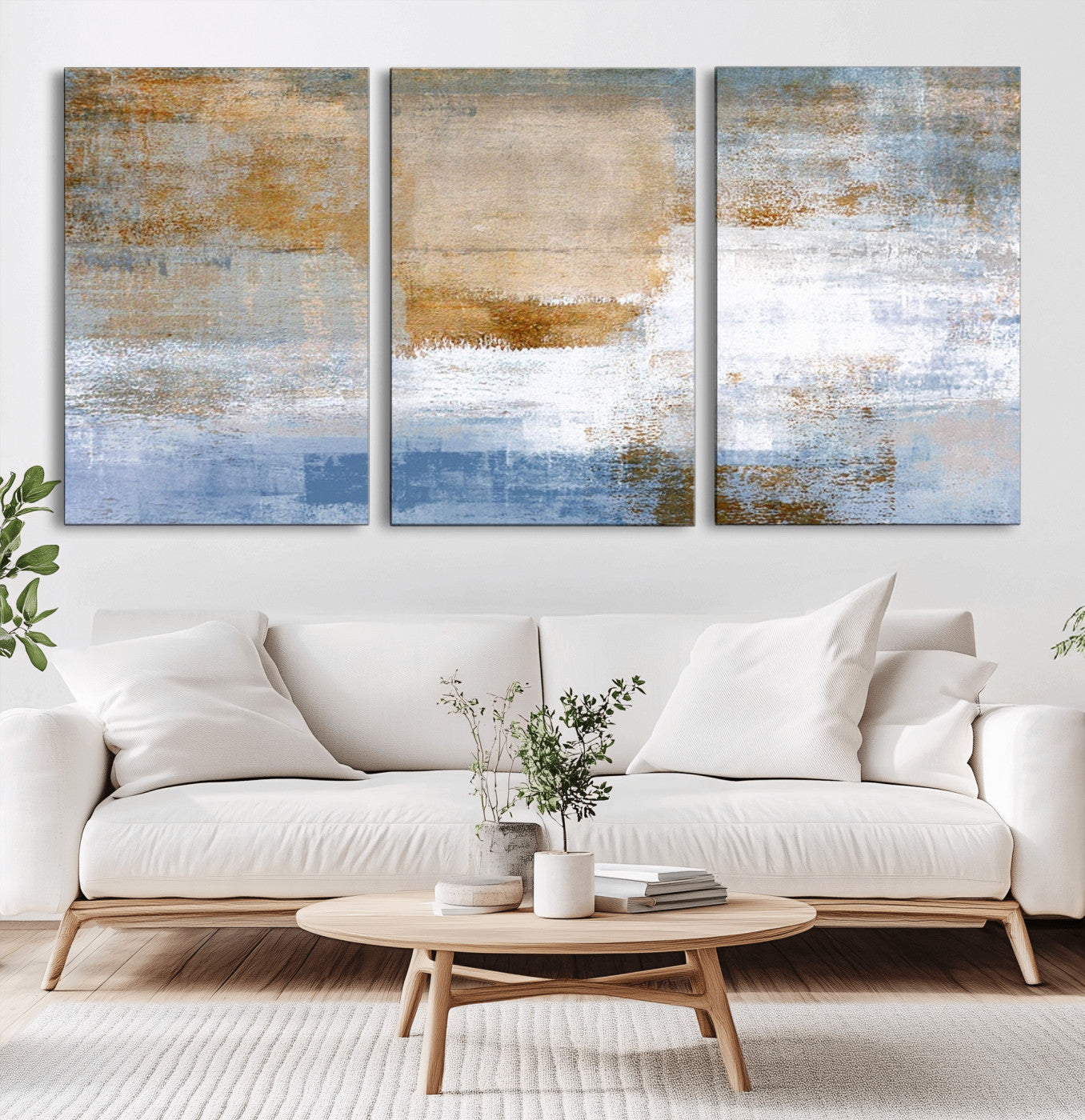 72354-MGV-CV-60X30-3P-Blue and Gold Abstract Wall Art – Modern Minimalist Canvas Print, Textured Contemporary Painting for Living Room, Bedroom, or