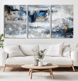 59716-MGV-CV-60X30-3P-Abstract Blue and Gold Wall Art – Modern Textured Canvas Print, Contemporary Painting for Living Room, Bedroom, or Office Decor