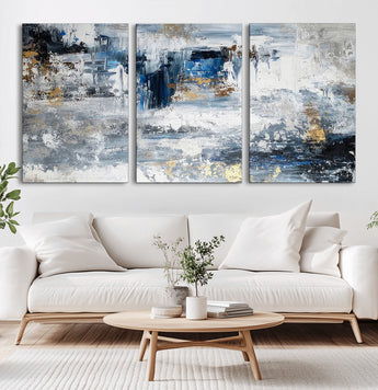 59716-MGV-CV-60X30-3P-Abstract Blue and Gold Wall Art – Modern Textured Canvas Print, Contemporary Painting for Living Room, Bedroom, or Office Decor