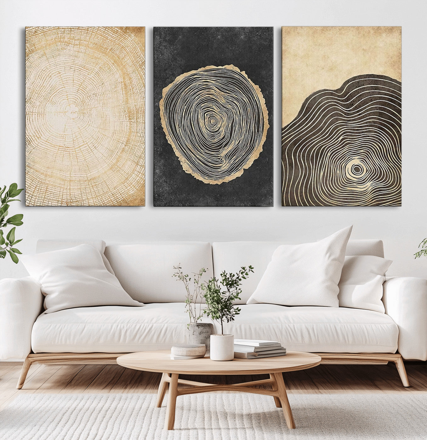 77785-MGV-CV-60X30-3P-Tree Ring Abstract Wall Art – Rustic Wood Growth Pattern Canvas Prints, Modern Nature-Inspired Decor for Living Room or Office