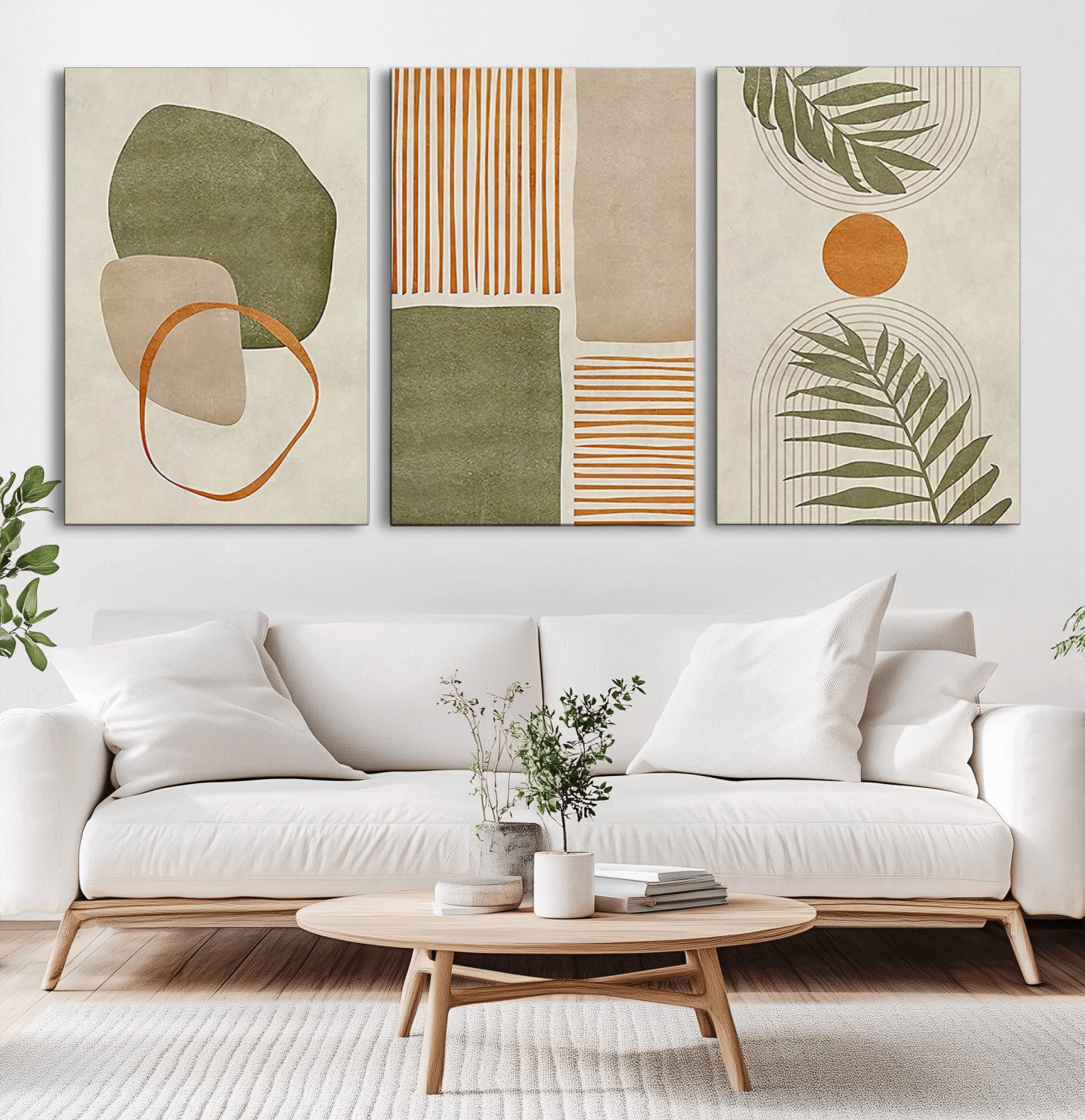 96002-MGV-CV-36X24-Abstract Geometric Wall Art – Modern Canvas Print with Green, Orange & Beige Shapes, Minimalist Home Decor for Living Room, Office