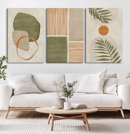 96002-MGV-CV-36X24-Abstract Geometric Wall Art – Modern Canvas Print with Green, Orange & Beige Shapes, Minimalist Home Decor for Living Room, Office