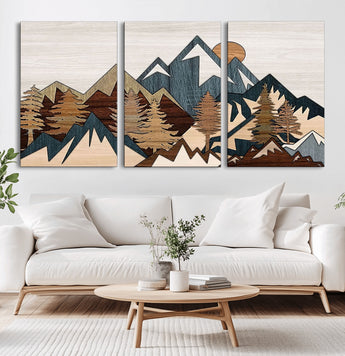 67950-MGV-CV-60X30-3P-Modern Wood Wall Art Canvas Print, Framed Mountain Range Art Picture Print, Wood Mountain Range Perfect Rustic Decor Artwork