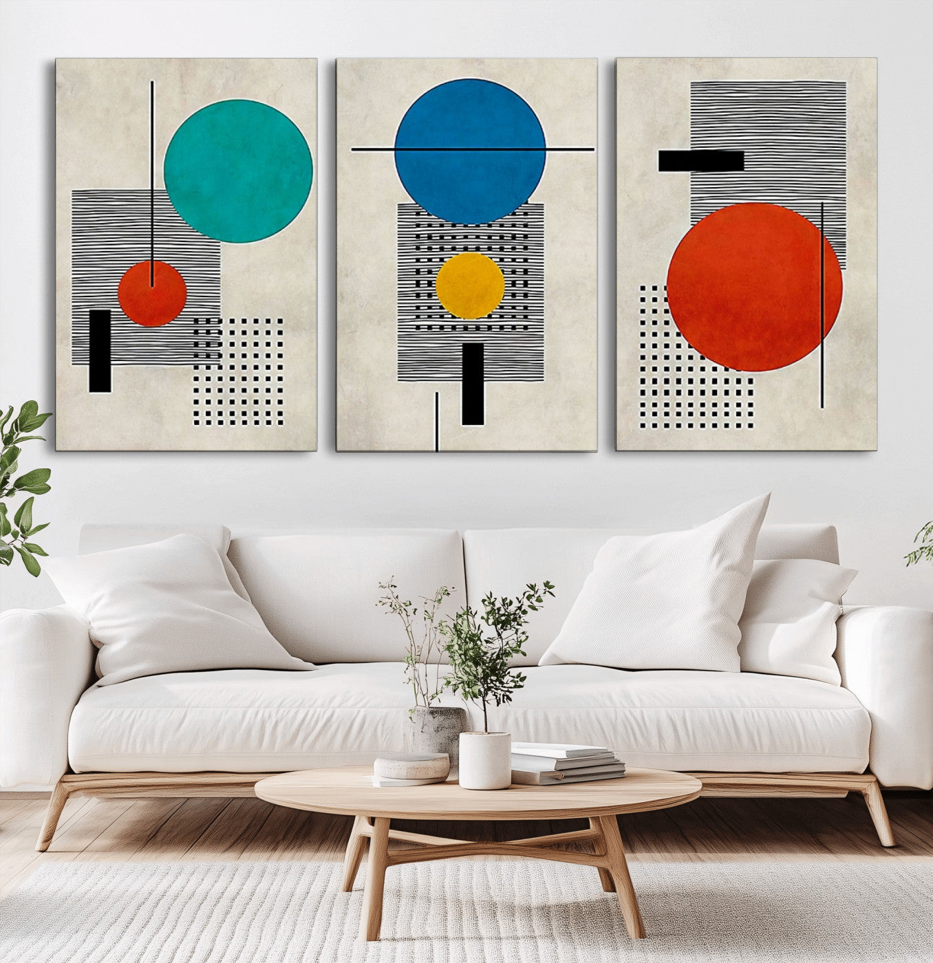 44633-MGV-CV-60X30-3P-Geometric Abstract Wall Art – Colorful Modern Shapes Canvas Print, Mid Century Minimalist Decor for Living Room, Bedroom or Office