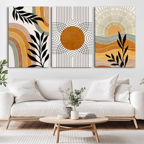 44668-MGV-CV-60X30-3P-Mid Century Modern Wall Art – Abstract Sun and Rainbow Canvas Print, Minimalist Geometric Boho Decor for Living Room, Bedroom or