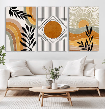 44668-MGV-CV-60X30-3P-Mid Century Modern Wall Art – Abstract Sun and Rainbow Canvas Print, Minimalist Geometric Boho Decor for Living Room, Bedroom or