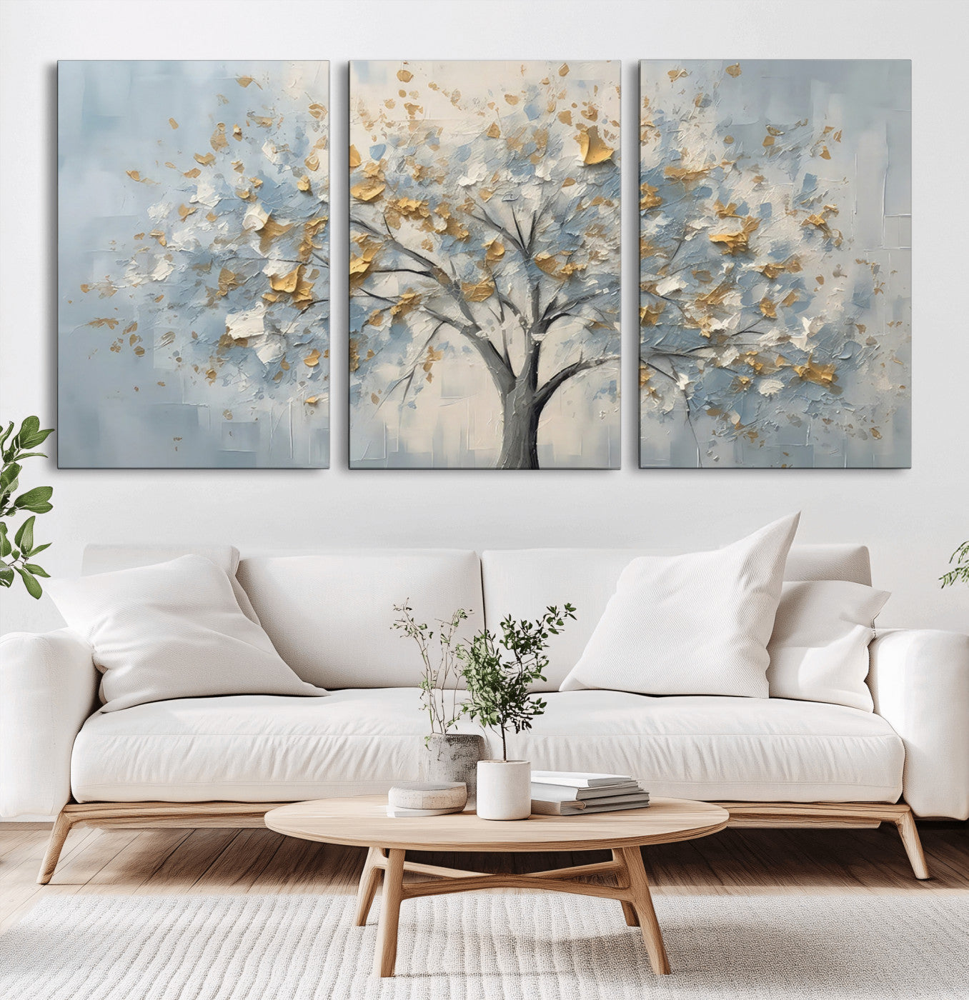 65811-MGV-CV-60X30-3P-Abstract Tree Wall Art – Textured Canvas Painting with Gold and White Leaves, Modern Nature Inspired Decor for Living Room or