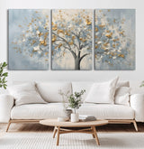 65811-MGV-CV-60X30-3P-Abstract Tree Wall Art – Textured Canvas Painting with Gold and White Leaves, Modern Nature Inspired Decor for Living Room or