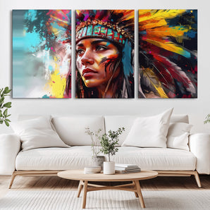 70785-MGV-CV-36X24-Tribal Woman Wall Art – Colorful Abstract Portrait Canvas with Feather Headdress, Bold Ethnic Inspired Decor for Living Room,