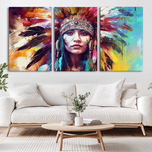 83460-MGV-CV-36X24-Colorful Native Inspired Woman Wall Art – Abstract Feather Headdress Canvas Print, Bold Tribal Style Decor for Living Room or