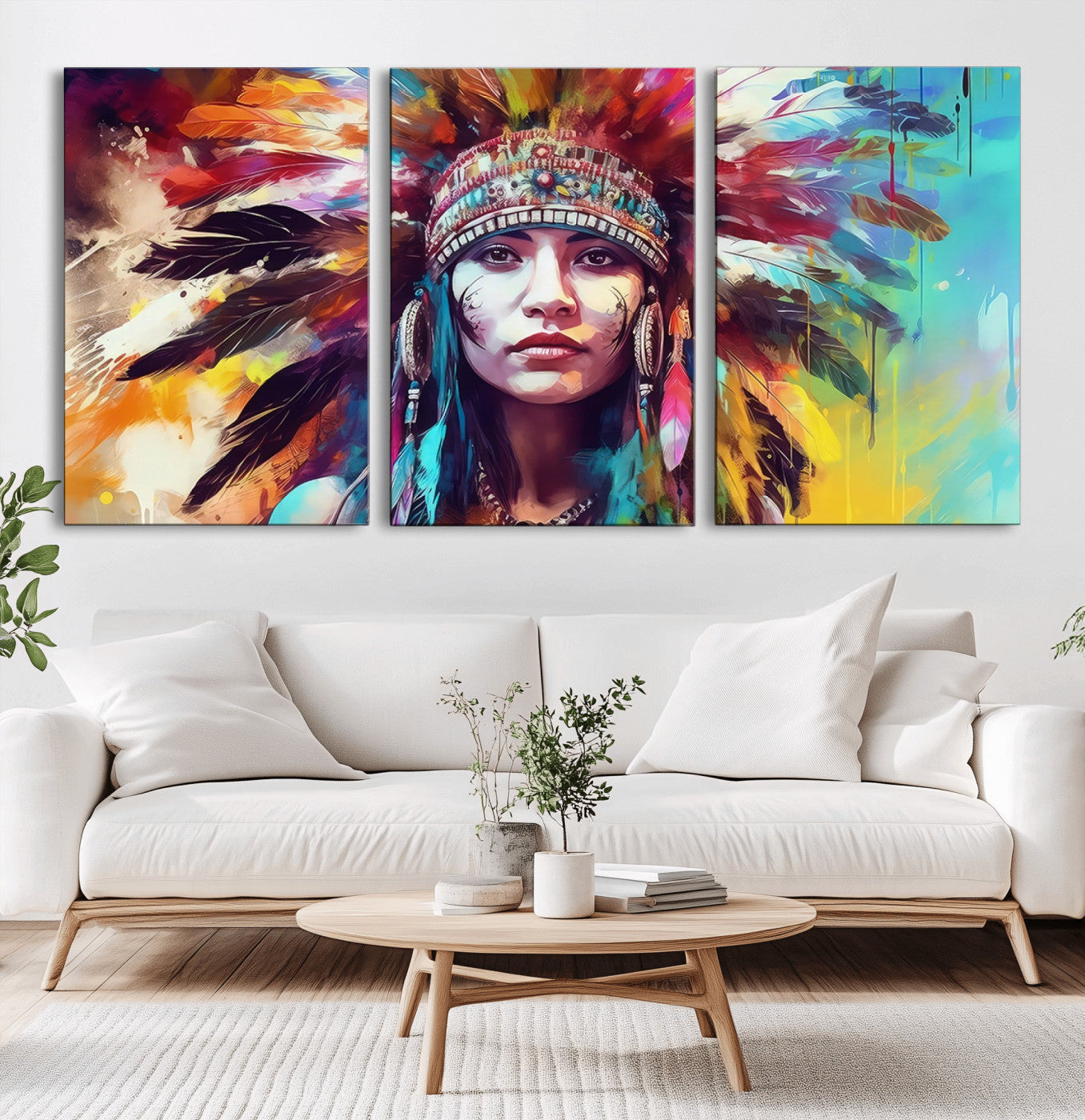 83460-MGV-CV-36X24-Colorful Native Inspired Woman Wall Art – Abstract Feather Headdress Canvas Print, Bold Tribal Style Decor for Living Room or