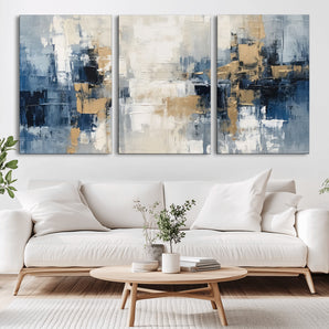 44344-MGV-CV-36X24-Abstract Blue and Gold Wall Art – Modern Hand Painted Canvas Print, Contemporary Textured Painting for Living Room, Bedroom or