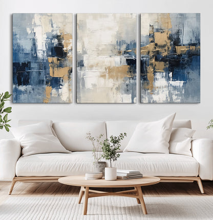 44344-MGV-CV-36X24-Abstract Blue and Gold Wall Art – Modern Hand Painted Canvas Print, Contemporary Textured Painting for Living Room, Bedroom or