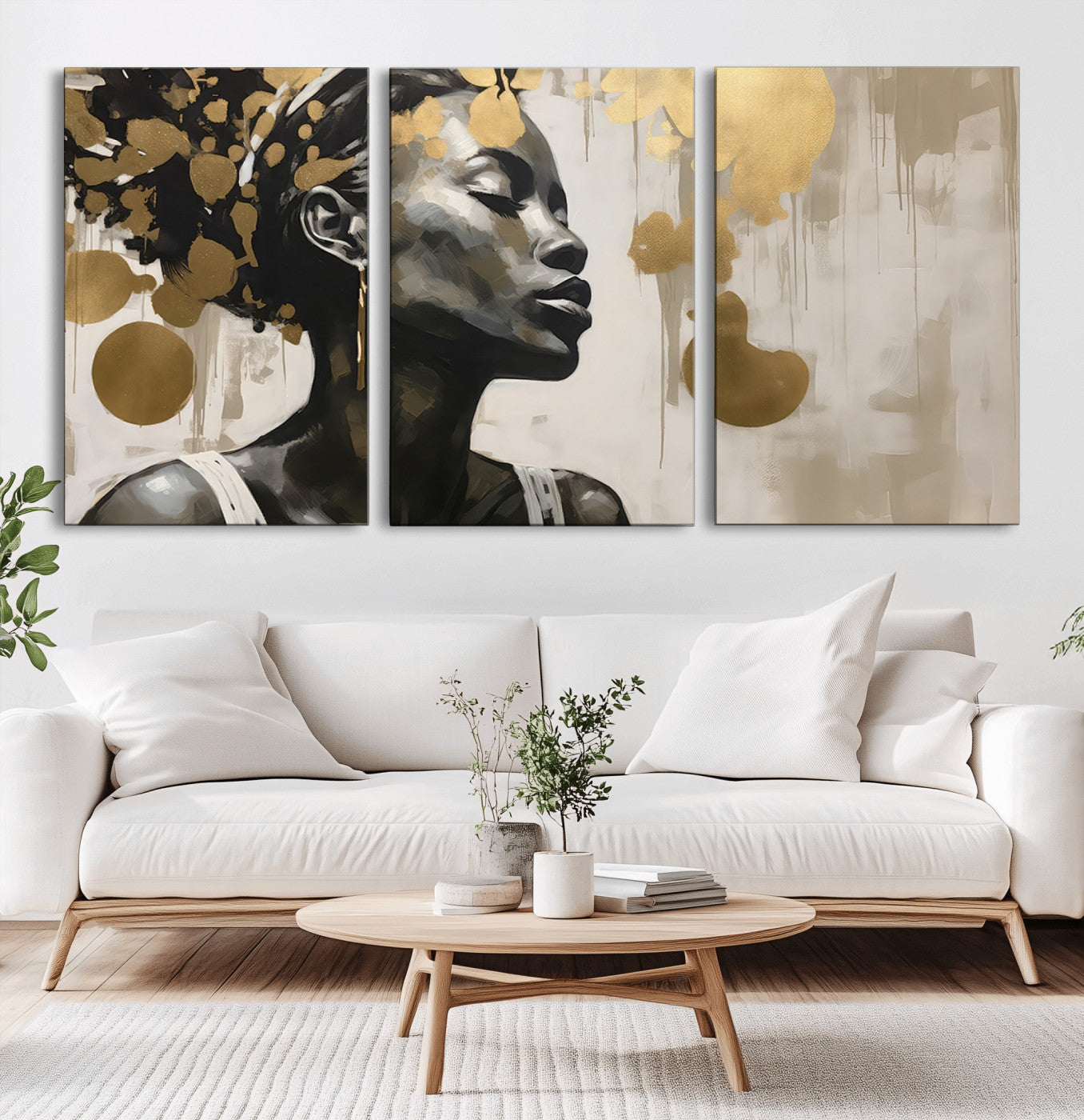 65669-MGV-CV-36X24-Elegant Black Woman Wall Art – Modern Abstract Portrait Canvas with Gold Accents, Contemporary Afrocentric Decor for Living Room