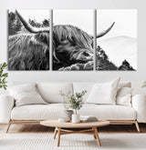 61570-MGV-CV-36X24-Highland Cow Wall Art – Black and White Scottish Bull Canvas Print, Rustic Farmhouse Animal Decor for Living Room, Bedroom, or