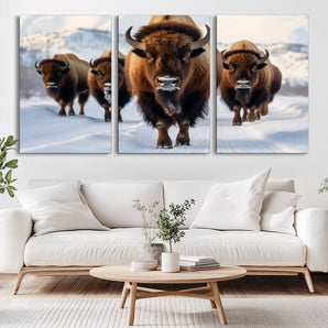 56701-MGV-CV-36X24-Bison Herd Wall Art – Buffalo Walking in Snowy Mountains Canvas Print, Rustic Wildlife Decor for Cabin, Lodge, or Living Room