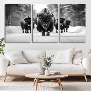 45287-MGV-CV-36X24-Bison Herd Wall Art – Black and White Buffalo Snow Road Canvas Print, Rustic Wildlife Decor for Cabin, Lodge or Living Room