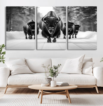 45287-MGV-CV-36X24-Bison Herd Wall Art – Black and White Buffalo Snow Road Canvas Print, Rustic Wildlife Decor for Cabin, Lodge or Living Room