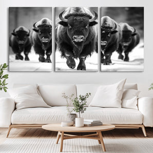 79872-MGV-CV-36X24-Bison Herd Wall Art – Black and White Buffalo on Snow Canvas Print, Rustic Wildlife Decor for Lodge, Cabin, or Living Room