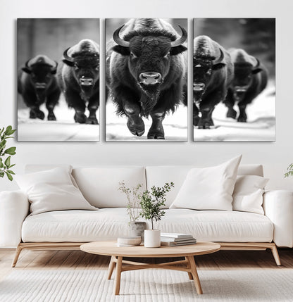 79872-MGV-CV-36X24-Bison Herd Wall Art – Black and White Buffalo on Snow Canvas Print, Rustic Wildlife Decor for Lodge, Cabin, or Living Room