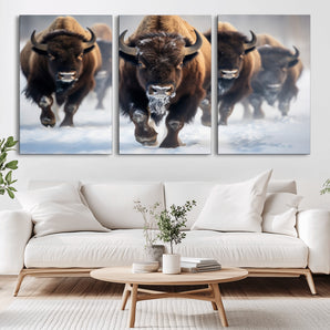 80512-MGV-CV-36X24-Bison Herd Wall Art – Buffalo Running in Snow Canvas Print, Rustic Wildlife Photography Decor for Cabin, Lodge, or Living Room
