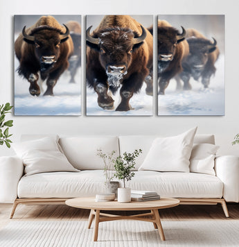 80512-MGV-CV-36X24-Bison Herd Wall Art – Buffalo Running in Snow Canvas Print, Rustic Wildlife Photography Decor for Cabin, Lodge, or Living Room