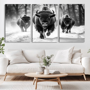 97552-MGV-CV-36X24-Black and White Bison Wall Art – Buffalo Herd Running in Snow Canvas Print, Rustic Wildlife Photography Decor for Cabin, Lodge, or