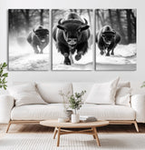 97552-MGV-CV-60X30-3P-Black and White Bison Wall Art – Buffalo Herd Running in Snow Canvas Print, Rustic Wildlife Photography Decor for Cabin, Lodge, or