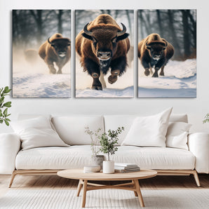 56549-MGV-CV-36X24-Wild Bison Wall Art – Majestic Buffalo Herd Running in Snow Canvas Print, Rustic Wildlife Photography Decor for Cabin, Lodge, or