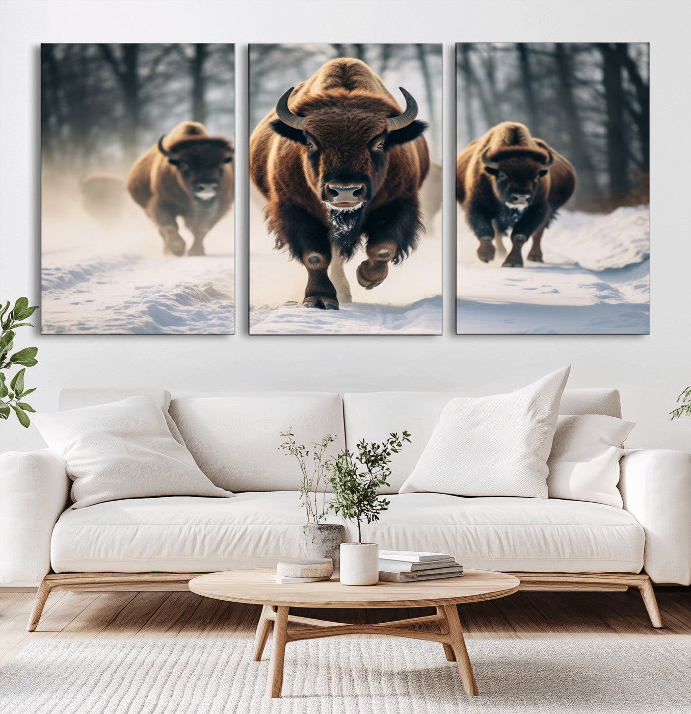 56549-MGV-CV-60X30-3P-Wild Bison Wall Art – Majestic Buffalo Herd Running in Snow Canvas Print, Rustic Wildlife Photography Decor for Cabin, Lodge, or