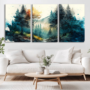 96186-MGV-CV-36X24-Misty Forest Wall Art – Watercolor Mountain Landscape Canvas Print, Nature Woodland Painting for Living Room, Bedroom or Office