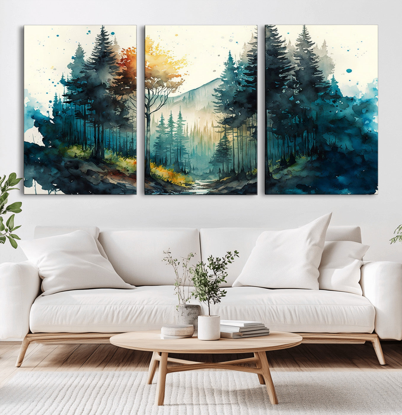 96186-MGV-CV-36X24-Misty Forest Wall Art – Watercolor Mountain Landscape Canvas Print, Nature Woodland Painting for Living Room, Bedroom or Office