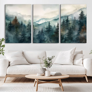 48468-MGV-CV-36X24-Foggy Forest Wall Art – Watercolor Mountain Pine Landscape Canvas Print, Nature Woodland Painting for Living Room, Bedroom or