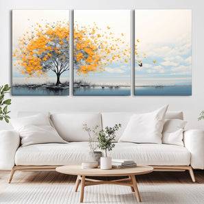 23385-MGV-CV-36X24-Golden Butterfly Tree Wall Art – Abstract Yellow and Gray Canvas Print, Modern Nature Artwork for Living Room, Bedroom or Office