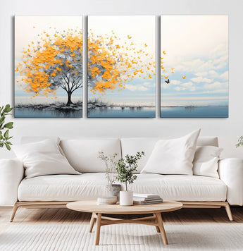 23385-MGV-CV-36X24-Golden Butterfly Tree Wall Art – Abstract Yellow and Gray Canvas Print, Modern Nature Artwork for Living Room, Bedroom or Office